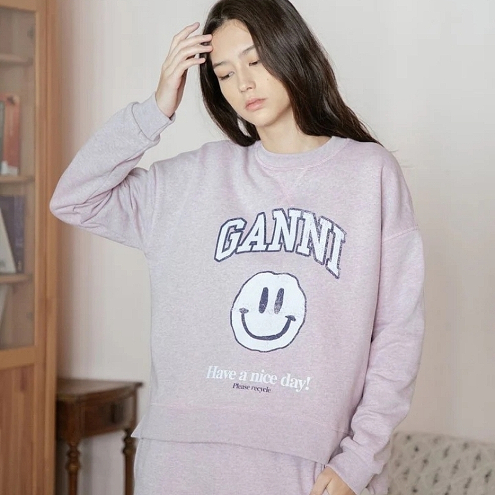 Ganni Isoli smiley face drop shoulder crewneck sweatshirt lilac XS NWOT